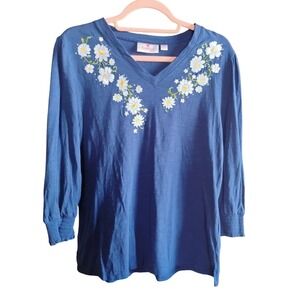Quacker Factory Womens Embroidered Floral Daisies Tunic Top 3/4 Sleeve Size M